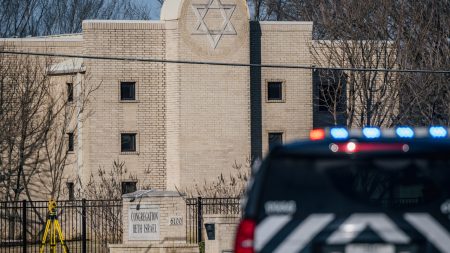 A law enforcement vehicle sits in front of the Congregation Beth Israel synagogue on January 16, 2022 in Colleyville, Texas, the day after the hostage situation. (Photo by Brandon Bell/Getty Images)