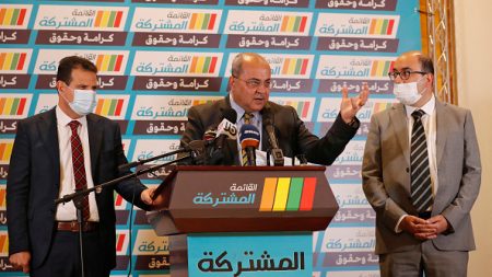 (L to R) Balad party leader Sami Abu Shehadeh, Ta’al party leader Ahmed Tibi, and Hadash party leader Ayman Odeh announce the launch of their campaign on February 20, 2021, in Nazareth, Israel’s largest Arab city. The three Arab parties have since broken up, with Hadash and Ta’al running together and Balad running on its own. (Photo by Ahmad Gharabli/AFP via Getty Images)