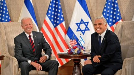 US President Joe Biden holds a bilateral meeting with Israel's Prime Minister Yair Lapid at a hotel in Jerusalem on July 14, 2022. (Photo by MANDEL NGAN/AFP via Getty Images)