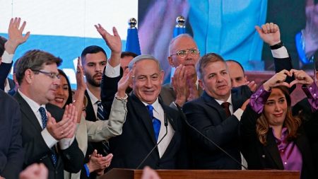Likud party leader Benjamin Netanyahu addresses supporters at campaign headquarters in Jerusalem early on November 2, 2022, after the end of voting for national elections. (Photo by Menahem Kahana/AFP via Getty Images)