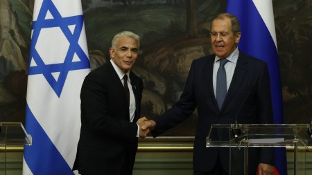 Russian Foreign Minister Sergei Lavrov (right) and Israeli Foreign Minister Yair Lapid (left) hold a press conference following their meeting at the Reception House of the Russian Foreign Ministry, in Moscow, Russia on September 9, 2021 (Photo by Sefa Karacan/Anadolu Agency via Getty Images)