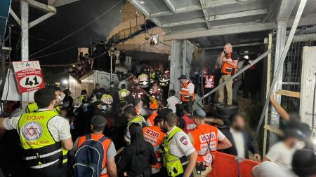 Rescue workers look for survivors of a stampede in Meron, Israel, Thursday, April 29, 2021. (Courtesy: United Hatzalah)