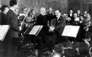 The Italian-Jewish conductor Arturo Toscanini thanks Bronislaw Huberman, the founder of the Palestine Symphony Orchestra, at the opening concert in Tel Aviv in 1936. Huberman, who foresaw the Holocaust, persuaded 75 Jewish musicians from major European orchestras to immigrate to Palestine, creating what he called the “materialization of the Zionist culture in the fatherland.” (Photo by Abraham Pisarek via Getty Images)