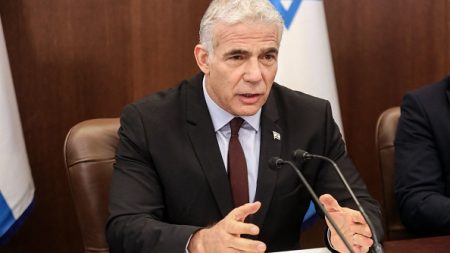Israeli Prime Minister Yair Lapid chairs the first cabinet meeting in Jerusalem on July 3, 2022, days after the Bennett-Lapid coalition collapsed. (Photo by Gil Cohen-Magen/AFP via Getty Images)