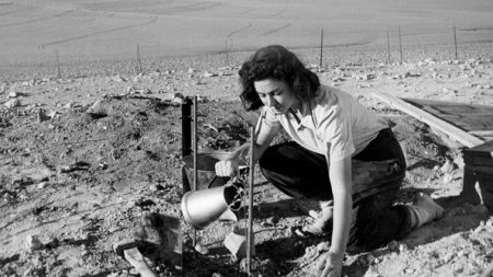 A woman waters a plant in the Negev Desert in Israel, 1950-1960. (Photo: Touring Club Italiano/Marka/Universal Images Group via Getty Images)
