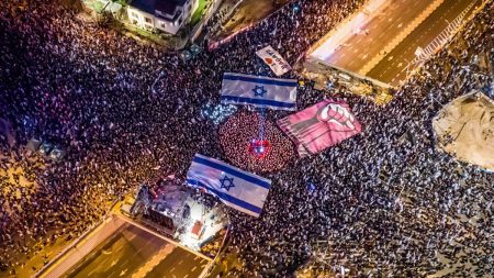 An aerial view of streets where Israelis take part in the “Day of Resistance” rally to protest the Israeli government’s judicial reform plan in Tel Aviv on March 11, 2023. (Photo by Amir Terkel/Anadolu Agency via Getty Images)