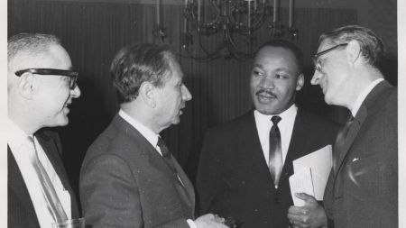 Rabbi Joachim Prinz, Dr. Martin Luther King, Jr., and Shad Polier at an American Jewish Congress fundraising event in 1963. (Photo via American Jewish Historical Society)